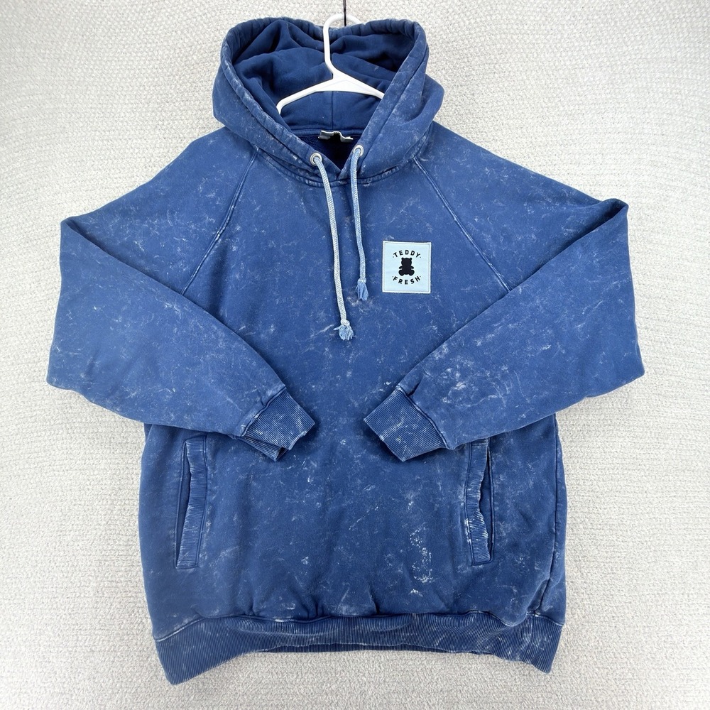 Teddy Fresh Hoodie Mens Large Blue Acid Wash Bear Logo Patch Streetwear Cotton‎